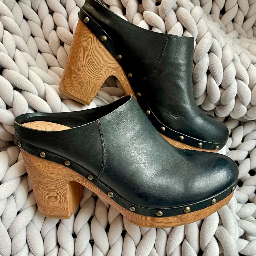 Never worn Kork-Ease Black Leather Studded Mules with Chunky Wooden Heel